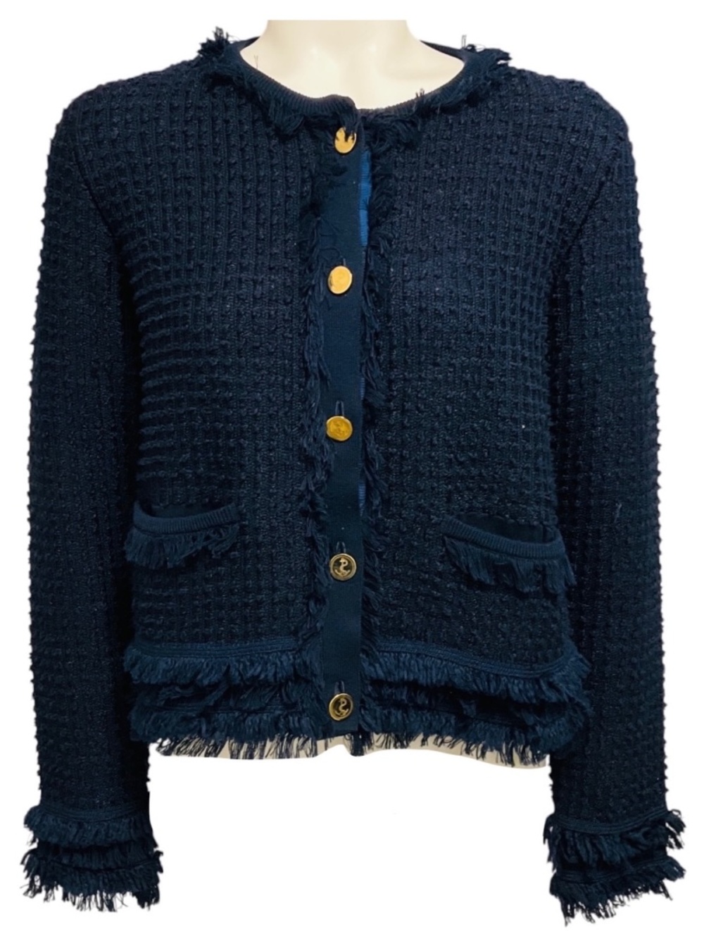 THOM BROWNE NAVY BLUE FRINGED COTTON KNIT CARDIGAN SWEATER WITH GOLD ANCHOR BUTT
